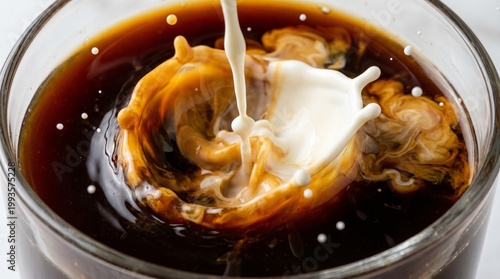 High speed macro of cream mixing into dark espresso coffee