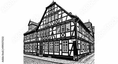 Black and white illustration of a traditional half-timbered building on a cobblestone street