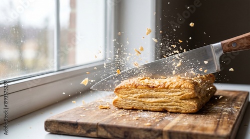 Sharp knife slicing through flaky golden pastry with flying crumbs