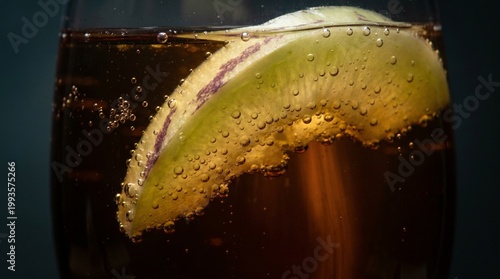 Macro photography of bubbles on pepino melon in sparkling drink
