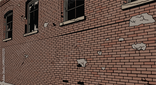 Old brick wall with broken windows and weathered patches, comic book style