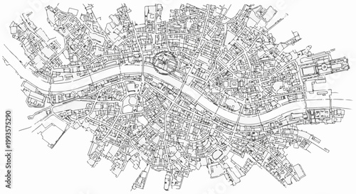 Black and white sketched map of a dense city with a river running through it
