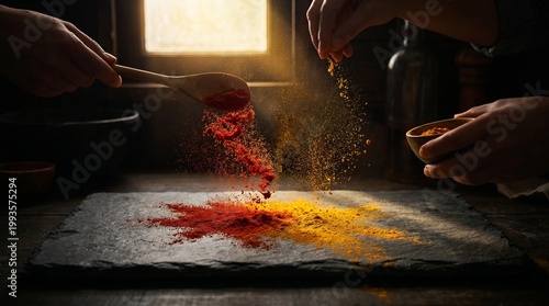 Cinematic spice powder dusting on dark slate surface