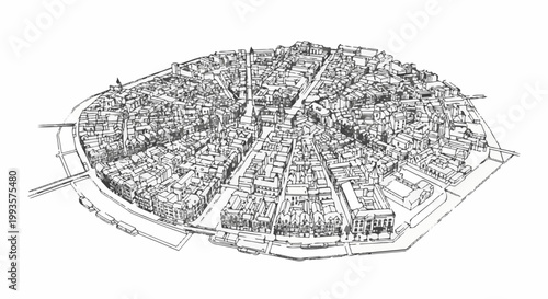 Detailed isometric sketch of an old walled city with intricate buildings and waterways