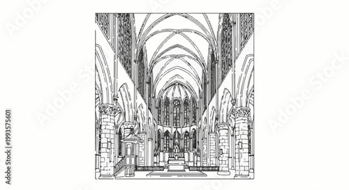 Interior view of a grand gothic cathedral with vaulted ceilings and stained glass windows