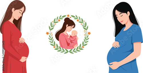 Beautiful Pregnant Woman Flat Cartoon Illustration Set with Mother Holding Newborn Baby Floral Wreath Maternity Vector Design for Healthcare and Greeting Card