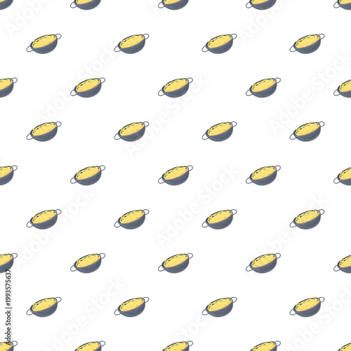 Repeat pattern featuring asian wok pans filled with noodles on a white background