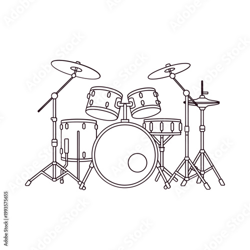 Line art illustration depicting a complete drum set with cymbals and pedals