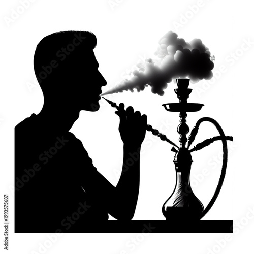 Silhouette in Smoke: A person enjoys a moment of relaxation, enveloped in a cloud of smoke from a shisha, embodying the culture of the East.