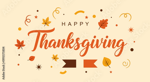 Happy Thanksgiving Celebration with Autumn Leaves and Festive Decorations.