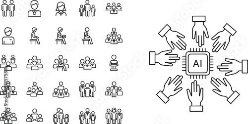 Artificial intelligence collaboration concept with human hands surrounding AI chip, teamwork icons set, community, diversity, and social connection line vector illustration