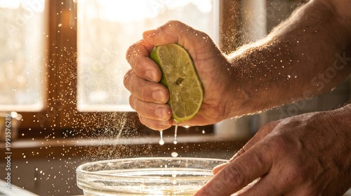 Hand squeezing fresh lime with mist of essential oils and juice