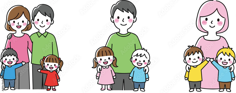 Obraz premium Cartoon Family Character Vector Set with Parents and Children in Cheerful Domestic Scenes for Educational, Lifestyle, and Social Design Projects