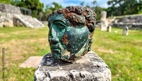 Ancient oxidized bronze statue fragment of a head displaying green patina and weathered surface on a stone pedestal.