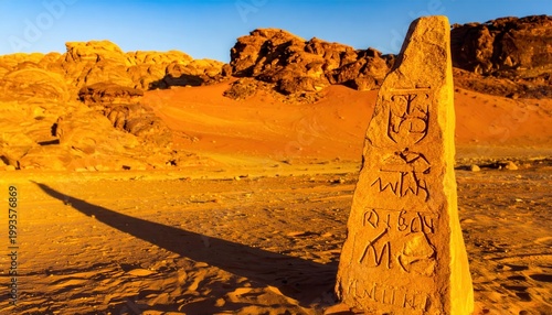 Ancient Phoenician Alphabet Inscribed on Weathered Stone Stele in Desert Landscape