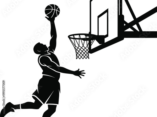 Basketball player silhouette jumping slam dunk layup toward hoop basket, dynamic action sport athlete game concept vector