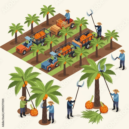 Workers harvesting oranges from palm trees.
