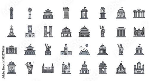 Diverse Landmark Icons: Famous Buildings, Monuments, and Architecture Collection