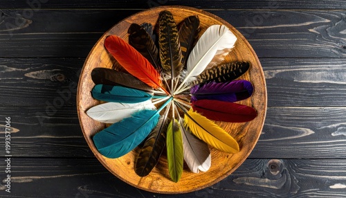 Assortment of Rare Bird Feathers Displaying Vibrant Colors and Intricate Patterns in a Circular Arrangement