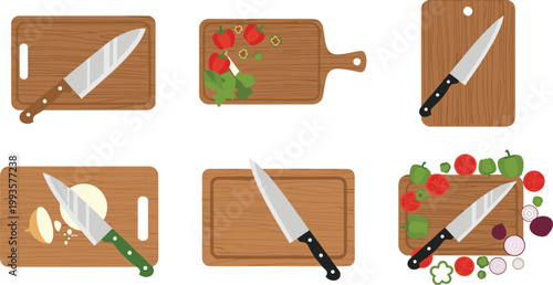 Wooden Cutting Board Vector Collection with Kitchen Knives, Fresh Vegetables, and Culinary Food Preparation Elements for Cooking, Restaurant, and Culinary Design Projects