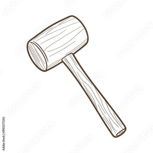 A simple brown toned sketch depicting a wooden mallet with a long handle