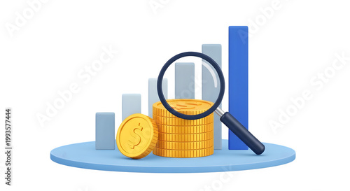 A magnifying glass examines coins and a bar graph on a transparent background