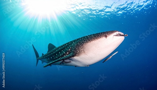 Gigantic Whale Shark Gracefully Swimming and Feeding in Sunlight Dappled Ocean Waters