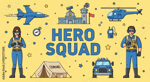 Hero Squad Military Personnel and Equipment Illustration.