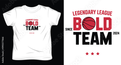 Legendary league bold team t-shirt design with basketball graphic and star elements.