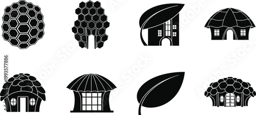 Collection of eight black silhouette icons representing various architectural structures and natural forms