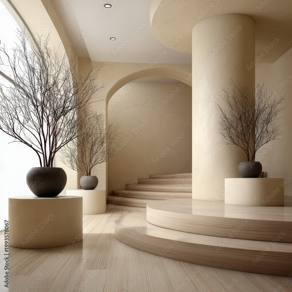 Fototapeta premium Minimalist architectural studio interior with curved staircase, beige walls, large columns, potted dry branches, natural light