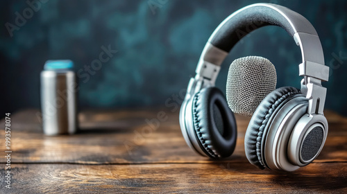 Headphones and Microphone on Wooden Background