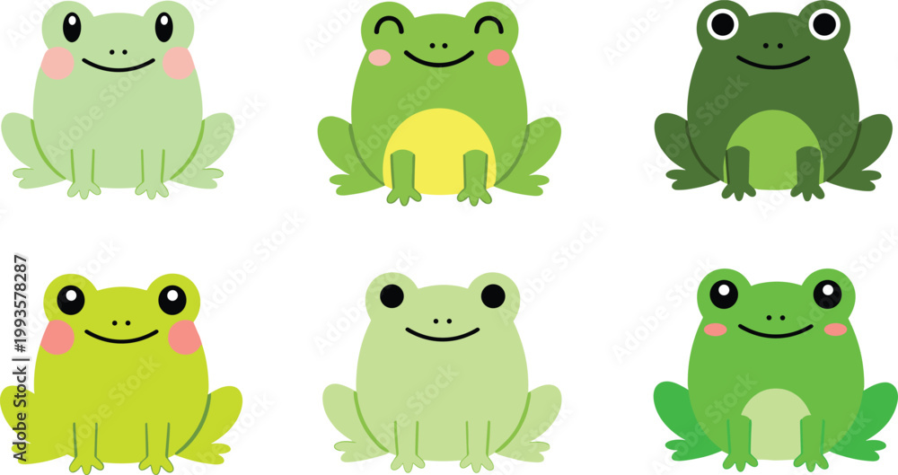 Naklejka premium Playful Cartoon Vector Illustrations of Cute Green Frogs with Different Expressions and Color Variations for Children’s Storybooks and Educational Designs