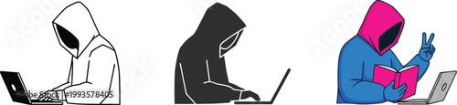 Stylized Hooded Character Vector Illustrations with Laptops and Books Representing Digital Culture, Technology, Learning, Anonymity, and Modern Online Identity Concepts
