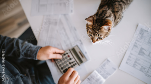 Overhead view of a pet owner at a kitchen table organizing insurance bills and medical paperwork with a curious ginger cat sitting nearby