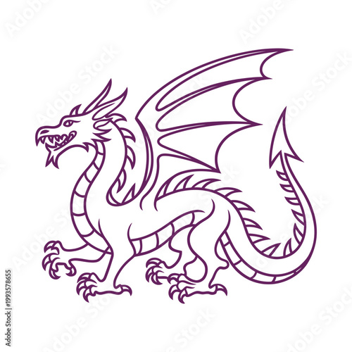 A detailed line drawing depicts a majestic purple dragon in a dynamic pose