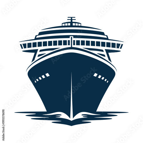 A stylized navy blue illustration of a large cruise ship facing forward on water