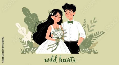 Newlywed Couple Celebrating Wedding Day with Floral Bouquet.