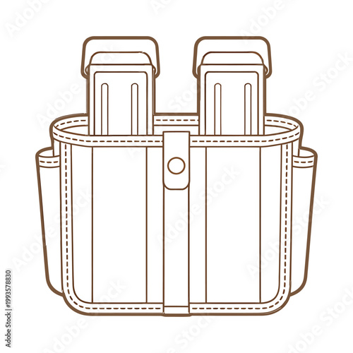 A detailed line drawing depicts a brown tool pouch with two magazine like compartments
