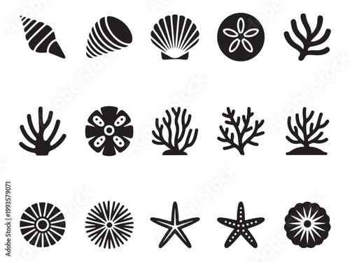 Sea Shells and Ocean Finds Silhouette Icon Set, Marine Life Beach Vector Elements