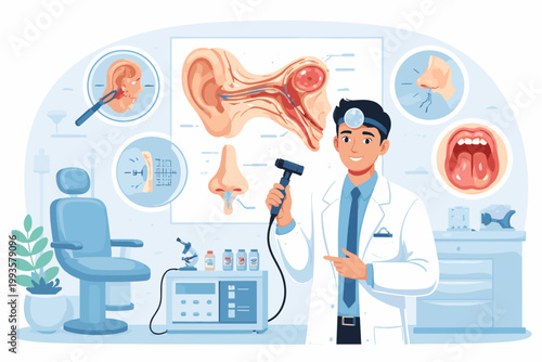 Professional ENT Doctor Otorhinolaryngologist Specialist in White Coat Holding Otoscope in Medical Clinic with Ear Nose and Throat Anatomy Diagrams and Healthcare Equipment Illustration