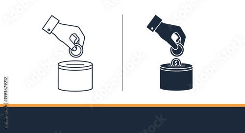 Conceptual illustration shows a hand depositing a coin into a donation jar in both outline and solid silhouette design styles.
