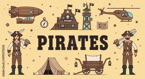 Pirate Adventure Elements Collection with Characters and Objects.