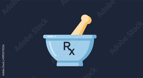 Medical mortar and pestle illustration features a blue bowl with a black Rx symbol on a dark navy blue background for pharmacy themes.