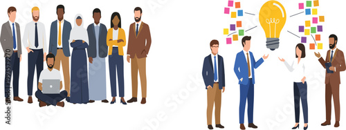 Diverse business team collaboration and brainstorming concept with creative idea light bulb, multicultural professionals working together in modern corporate environment vector illustration