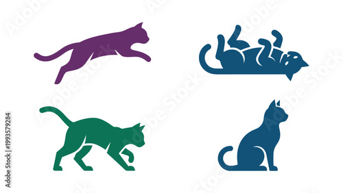 Flat Colorful Cat Silhouette Vector Set Minimalist Feline Pose Collection