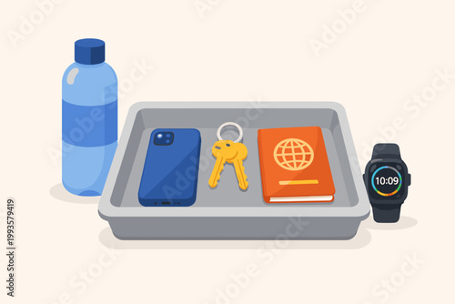 Flat vector illustration of airport security checkpoint tray containing a blue smartphone, yellow keys, and orange passport, with a water bottle and smartwatch nearby for travel preparation.