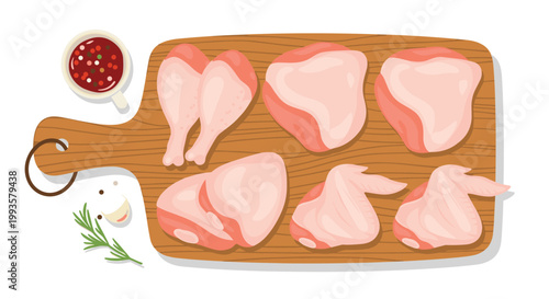 Raw chicken assortment on a wooden cutting board with dipping sauce, garlic, and rosemary for home cooking preparation.