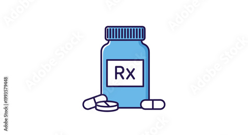 Blue prescription medicine bottle labeled Rx with loose capsules and a round white pill on a plain neutral background.