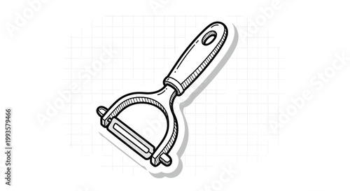 Detailed black and white sketch of a hand vegetable peeler used for preparing fruits and vegetables in the kitchen.